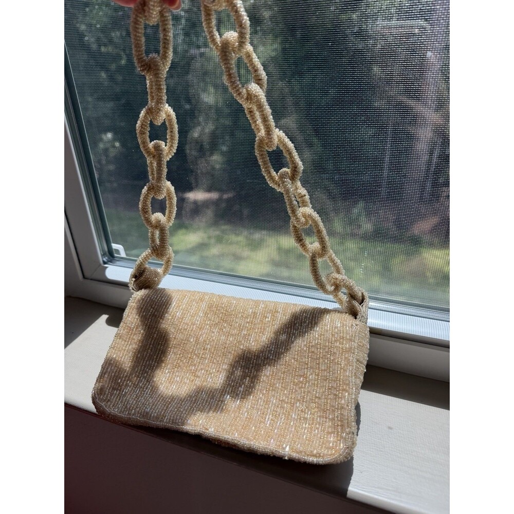Antik Kraft Beaded Shoulder Bag Solid Beige Rectangle Purse with Chain Strap